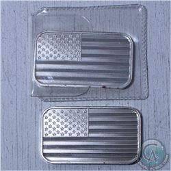 Lot of 2x 1 oz  American Flag .999 Fine Silver bars with spot for engraving. (Tax exempt) 2pcs