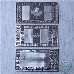 Lot of 3x Vintage 20 gram  Flag themed .999 fine Silver art bars issued by the Silver mint.(Tax Exem