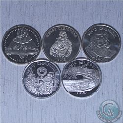 5x Vintage holiday themed 1oz .999 Fine Silver rounds. (Tax Exempt) The dates you will receive are 1