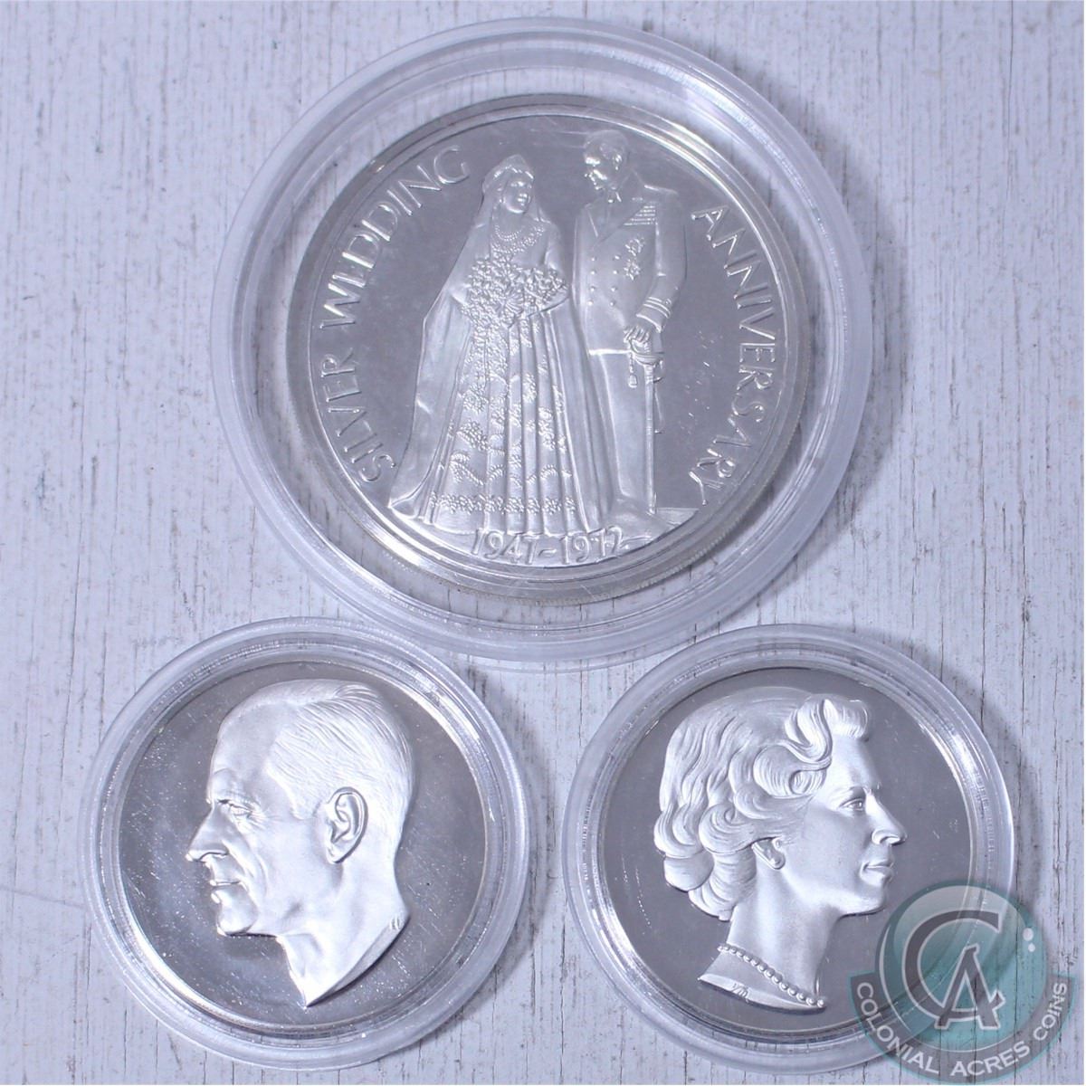 1972 25th Royal Silver Wedding Anniversary Sterling Silver 3 Medal Set