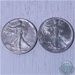 2x 1989  USA 1oz .999 Fine Silver Eagle. (Tax Exempt) 2pcs