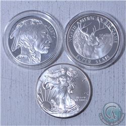 3 troy oz  of .999 Fine Silver. This lot includes the 2013 USA 1oz eagle, the North American hunting