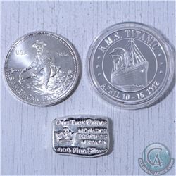 3 troy oz of .999 Fine silver. This lot includes a Monarch precious metals 1oz hand poured bar, Engl