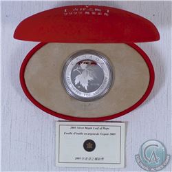 2005 Canada $5 Silver Maple of Hope (TAX Exempt). Coin comes encapsulated with display box and Certi