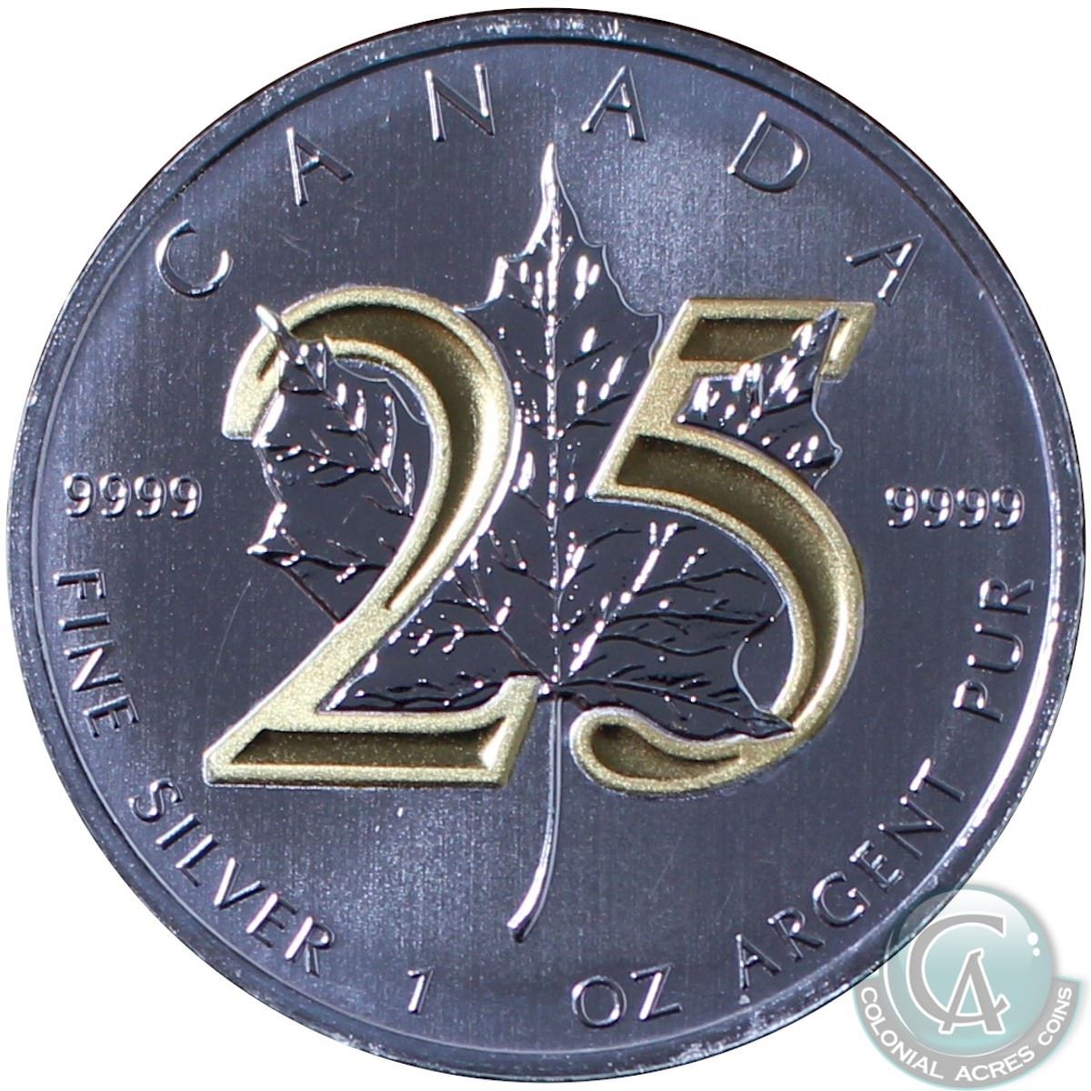2013 25th Anniversary Canadian 5 Maple Leaf 1 oz Silver Coin .999 Fine with 24k Gold plating (Tax E 2013 25th Anniversary Canadian 5 Maple Leaf 1 oz Silver Coin .999 Fine with 24k Gold plating (Tax E