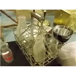 VINTAGE MILK BOTTLES IN ORIGINAL WIRE CARRY BASKET