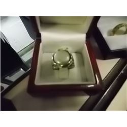 RING - LARGE OPAL IN STAMPED 925 STERLING SILVER SETTING  - OPEN STRIPPED DESIGN - SZ  8 ½ - 9 - TAG