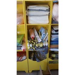 Yellow storage cabinet with contents