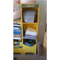 Yellow storage cabinet with contents