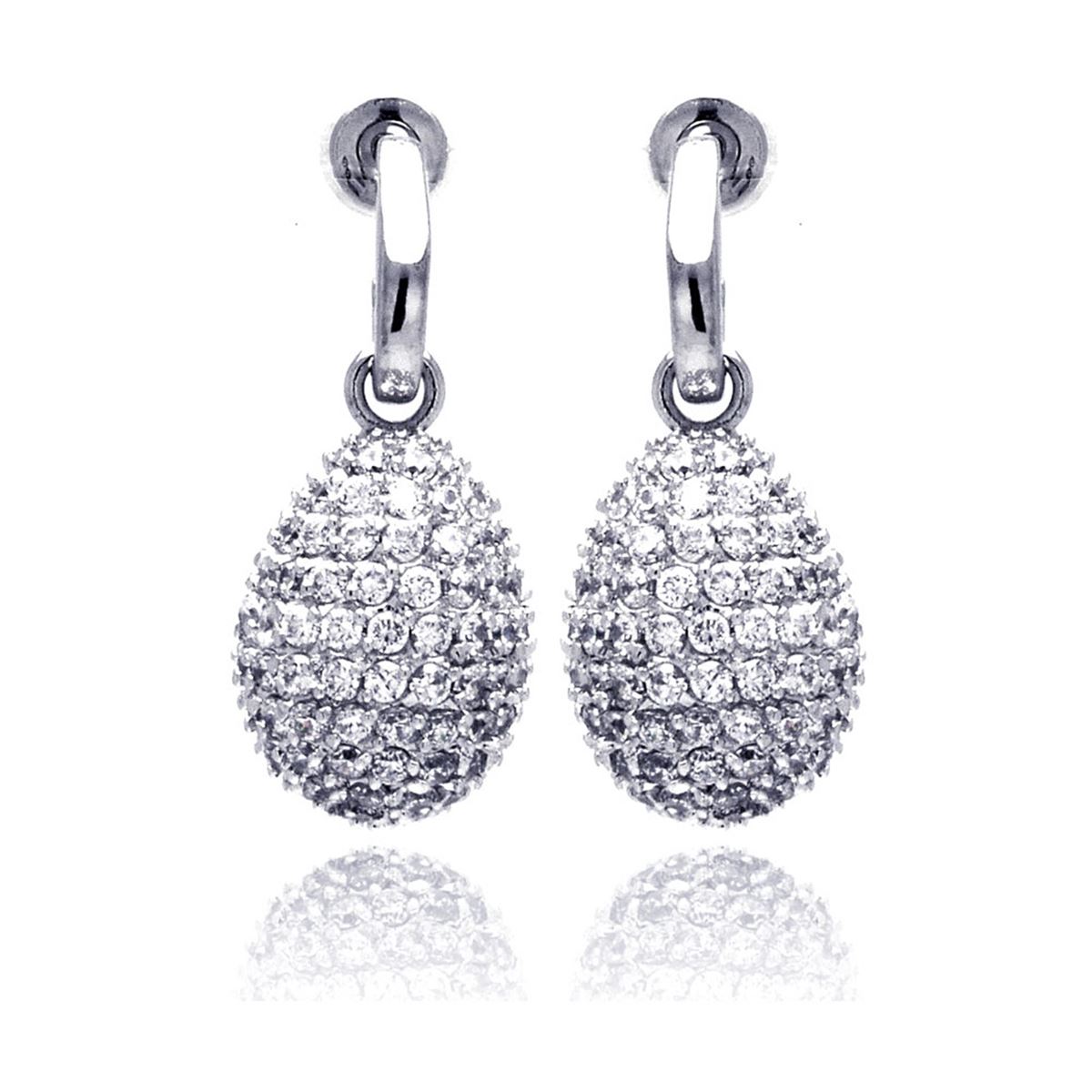 Sterling Silver Rhodium Plated Oval Disco Ball Pear CZ Dangling Stud