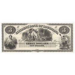 1800s $3 The Citizens Bank of Louisiana Obsolete Bank Note