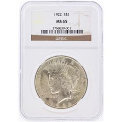 1922 $1 Peace Silver Dollar Coin NGC MS65