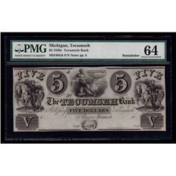 1830'S $5 The Tecumseh Bank Obsolete Bank Note PMG CU64