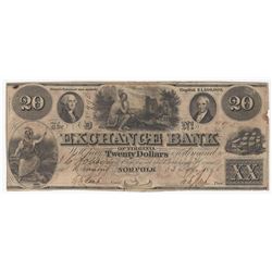 1855 $20 The Exchange Bank of Virginia Obsolete ERROR Gutterfold Note