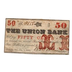 1862 Fifty Cent Union Bank Note Printed on the Back of $10 Note