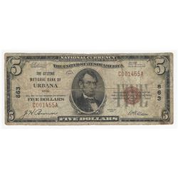 1929 $5 National Currency The Citizens Bank of Urbana Note