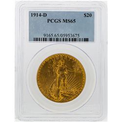1914-D $20 St. Gaudens Double Eagle Gold Coin PCGS MS65