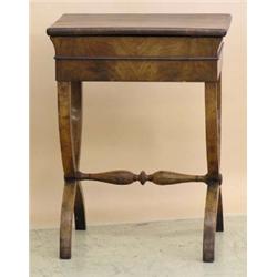 GOOD GEORGE III WALNUT SEWING TABLE, English. 19th Century. The hinged rectangular top with mir...