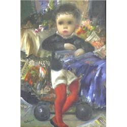 JEAN CALOGERO (Italian. Born 1922), "Child with Carriage". Signed Calogero l/l., Oil on Canva...