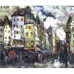 OLIVER FOSS (American. Born 1920), "Crowded Street Scene". Signed O. Foss u/l., Oil on Canvas...