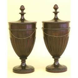 GOOD PAIR OF GEORGE III/IV MAHOGANY URNS AND COVERS, English. 19th Century. Each with fluted bo...