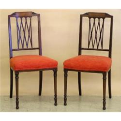 PAIR OF REGENCY STYLE INLAID MAHOGANY SIDE CHAIRS, By Maple & Co. Stamped. Each shaped top rail...