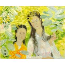 LE PHO (Vietnamese. 1907-2001), "Two Girls in a Garden". Signed Le Pho l/l., Oil on Canvas. M...