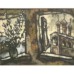 OSKAR RABINE (Russian. Born 1928), "Church Through a Window". Signed in Cyrillic and dated 64 l...