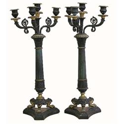 PAIR OF EMPIRE STYLE GILT AND PATINATED BRONZE FOUR LIGHT CANDELABRA, French. 19th Century. Eac...