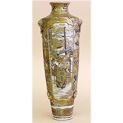 LARGE SATSUMA POTTERY VASE, Japanese. Meiji Period. Circa 1890. Of tapering cylindrical shape,...