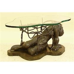 LA VERNE PATINATED BRONZE AND GLASS LOW TABLE, American. Limited special order. Signed. "Persep...