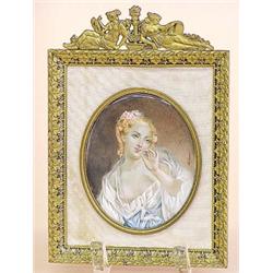 CONTINENTAL PORTRAIT PAINTING ON IVORY, European. Circa 1900. Signed Labiane. Of a partially se...