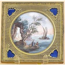 WATERCOLOR ON CARDBOARD, European. Circa 1900. Initialed H.V. Of a man fishing on the shore of...