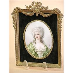 PORTRAIT PAINTING ON IVORY, French. Circa 1900. Signed Garnier. Of an 18th Century noble lady w...