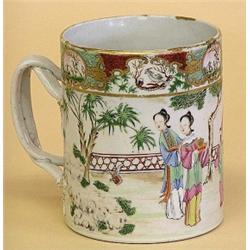 EXPORT PORCELAIN MUG, Chinese. 18th Century. Of cylindrical form, enameled in the famille rose...