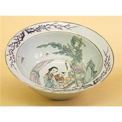 GOOD FAMILLE ROSE PUNCH BOWL, Chinese. Early 19th Century. Centered by a circular panel depicti...