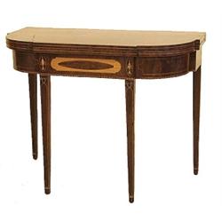 FINE FEDERAL SATINWOOD INLAID MAHOGANY CARD TABLE, American. Circa 1810. The shaped top with in...