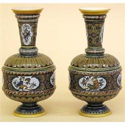PAIR OF METTLACH ETCHED POTTERY VASES, German. Dated 1911. Shape No. 1591. Impressed factory ma...