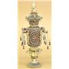 Image 1 : PIERCE CARVED AND POLYCHROMED IVORY URN, Chinese. Signed. Of pagoda form with cylindrical body...