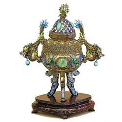 VERY FINE SILVER, FILIGREE AND ENAMEL KORO AND COVER, Chinese. .925 Fine. The globular body ins...