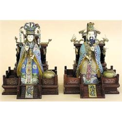 IMPRESSIVE PAIR OF CLOISONNE ENAMEL AND IVORY FIGURES, Chinese. Of an emperor and empress, each...