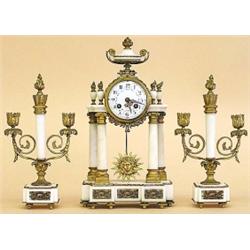 THREE PIECE EMPIRE STYLE MARBLE AND GILT BRONZE CLOCK GARNITURE, French. Circa 1900. The moveme...