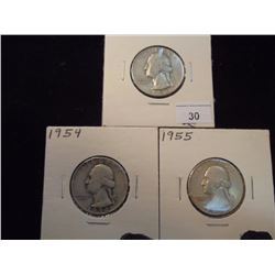 1952,54 & 55 WASHINGTON SILVER QUARTERS