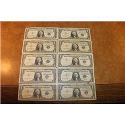 10 ASSORTED 1957 $1 SILVER CERTIFICATES