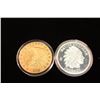 Image 1 : 2- 1 1/2" TOKENS 1909 $5 GOLD REPLICA AND SILVER