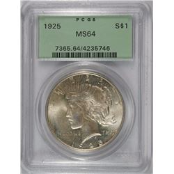 1925 PEACE SILVER DOLLAR, PCGS MS-64  OLD GREEN HOLDER