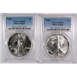 ( 2 ) 1988 AMERICAN SILVER EAGLES, PCGS MS-69