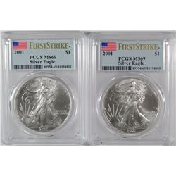 ( 2 ) 2001 AMERICAN SILVER EAGLES, PCGS MS-69 FIRST STRIKE  LOW POPULATION