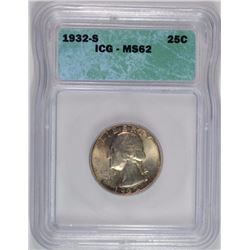 1932-S WASHINGTON QUARTER, ICG MS-62 WITH NICE COLOR!