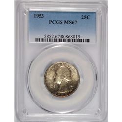 1953 WASHINGTON QUARTER, PCGS MS-67  COOL TONING!